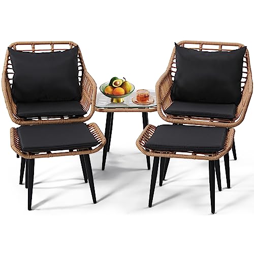 Outdoor Wicker Chairs and Table Bistro Conversation Furniture Set, 5 Pieces with Ottoman for Porch, Balcony, Deck, Patio, Backyard, Natural Color