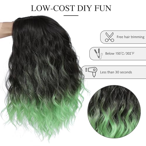Image of Rose bud Wavy Bob Wig Natural Wig Black to Green Synthetic Hair Shoulder Length Short Curly Middle Part Lace Front Wigs for Women