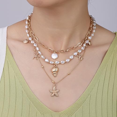 Seashell Starfish Necklace for Women Summer Pearl Beach Conch Shell 14k Gold Layered Dainty Choker2