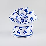 White Satin with Blue Paw Prints 1.5' Wired Paw Print Ribbon 10 Yards / 30 Feet of 1.5 inch Wire Edged Paw Print Ribbon