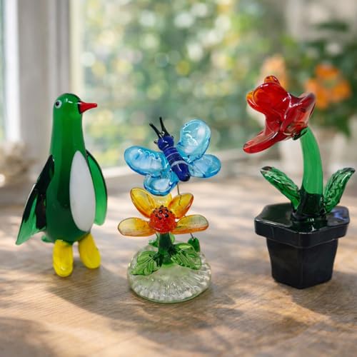Image of HOOM Handcrafted Glass Figurines Trio - Butterfly, Flower, and Penguin | Handmade Art Glass Ornaments | Elegant Home Decor Collectibles | Set of 3 Vibrant, Multicolor Designs
