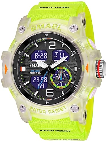 Gosasa Orologio sportivo da uomo, multifunzione, stile militare, con funzione S-Shock, digitale, a LED, impermeabile, con allarme, 8007_traslucido e verde, Sport