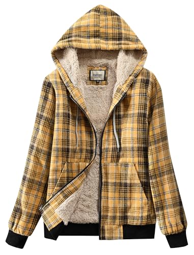 Shawnda Women's Flannel Casual Plaid Full Zip Up Sherpa Lined Hoodie Jacket Coat with Pockets