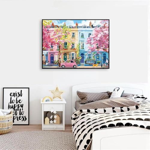 Image of Clendo Paint by Numbers Kit for Adults Beginners, Spring Street Adult Paint by Numbers on Canvas, Acrylic Painting Crafts for Home Decor (16x20inch)