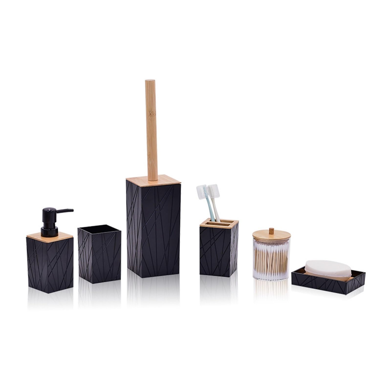 Bathroom Soap Dispenser Set Plastic Bathroom Accessories Set Toilet Brush Soap Dispenser Mouthwash Cup Toothbrush Holder Dish Cotton Swab Box(T229-6 black)