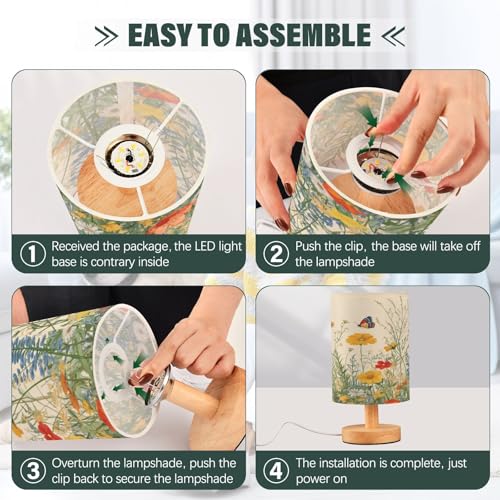 Ewusp Wildflowers - Lámpara de mesa de noche con mariposas para dormitorio, lámpara LED de mesita de noche con puertos de carga USB, pantalla de tela y base de madera para escritorio, sala de estar - imagen 4