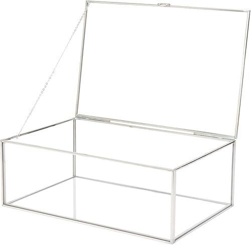 WHSLILR Joyero de cristal de 10.8 pulgadas con tapa con bisagras, caja de recuerdo de acero inoxidable para almacenamiento de tarjetas de boda,