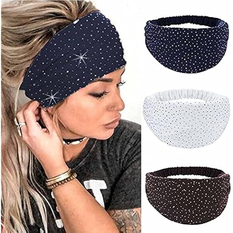 CAKURE Crystal Wide Headbands Rhinestone Head Bands Black Turban Headband Elastic African Head Wraps Sport Hair Bands for Women and Girls Pack of 3 Cover
