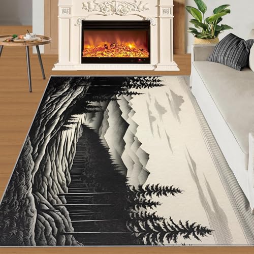 HYGIUID Nordic Forest Landscape Area Rug 5x6 - Mountain Silhouette Area Rugs for Kitchen, Misty Pine Tree Bedroom Area Rug Kids Low Pile Rug for Indoor Outdoor Hardwood Floors Home Decor
