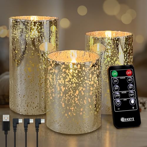 Image of LEDHOLYT Rechargeable Flameless Candle, Flickering LED Pillar Glass Fake Candle with Remote and Timer, Built-in Battery Real Wax Electronic Candle for Room Decoration, Set of 3