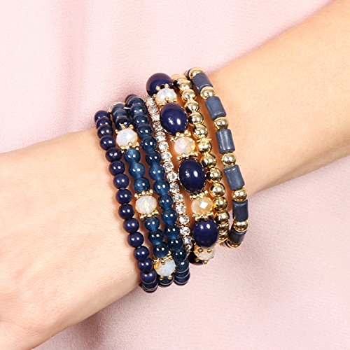 RIAH FASHION Multi Layer Bead Bracelet - Colorful Stacking Beaded Strand Stretch Cuff Statement Bangles Set4