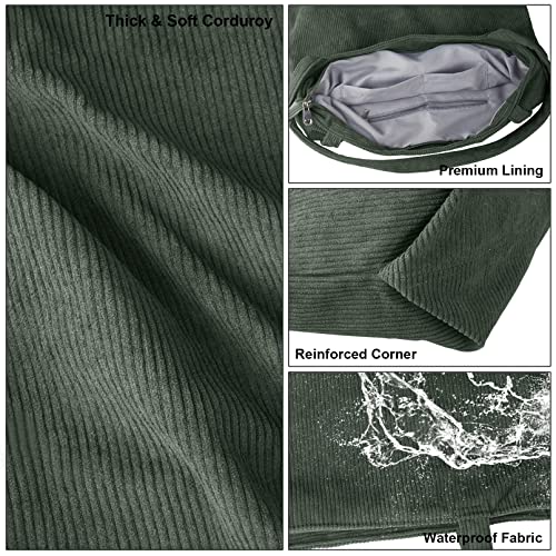 Image of FITDON Corduroy Totes Bag with Zip, Shoulder Bags Handbags Women's Hobos Large Capacity Shopping Bag with Inner Pocket, Green