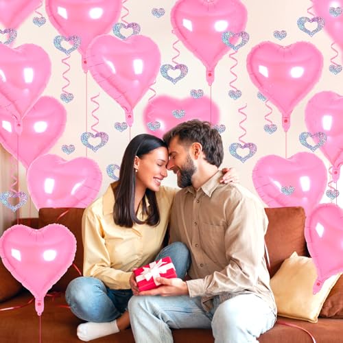 Image of 24 Pcs Pink Heart Balloons, 100 Pcs Heart Hanging Streamers, 18 Inch Heart Foil Balloons Valentine's Day Balloon Love Balloon for Valentines Day Proposal Wedding Party Decorations