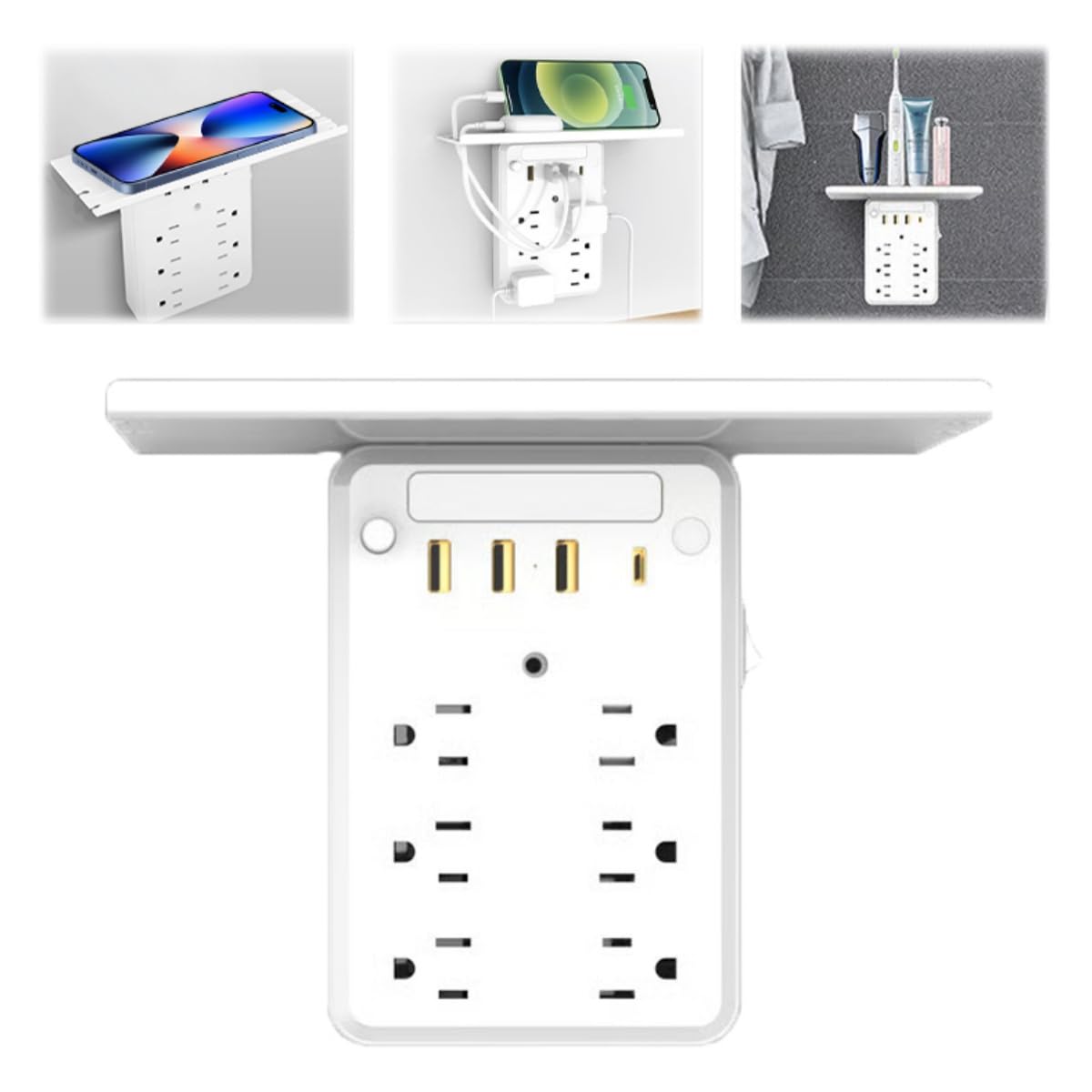 Multi-Plug Outlet with Night Light 2025 Upgraded| 10-in-1 Wall Mountable Outlet Extender with Shelf | 8 AC Outlets, 4 USB Ports, Dimmable LED, Desk Organizer for Home/Office (with Tray)