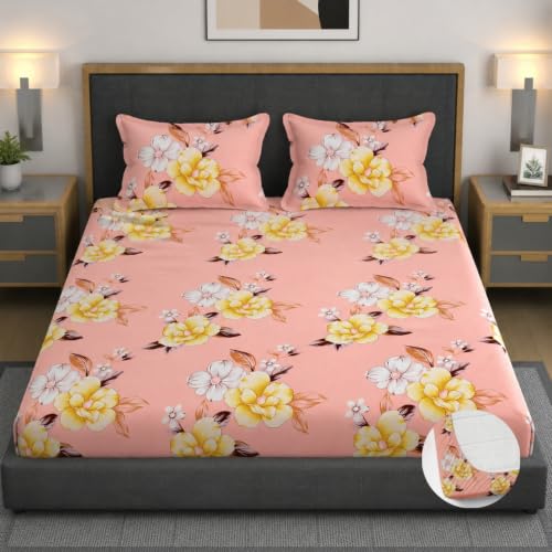 Image of Vaini Premium Heavy Cotton Elastic Fitted Bedsheets with 2 King Size Pillow Covers || Double Bed with All Around Elastic 350 TC || 60 x 78 x 8 Inch Queen Size Fitted || :- Baby Pink Flower