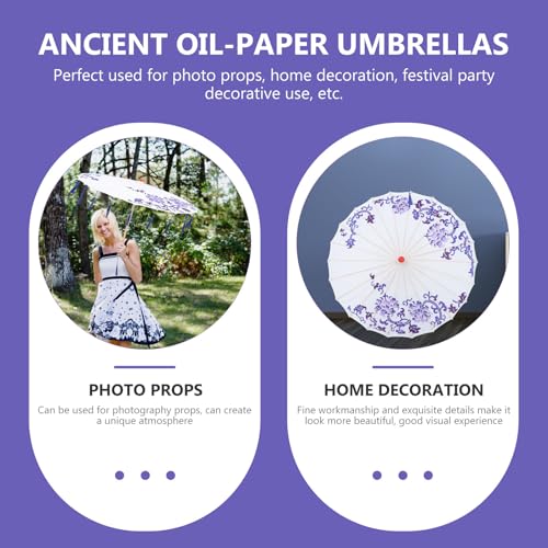 Sombrilla japonesa de seda azul con mango de madera resistente para decoración de eventos y bodas 5