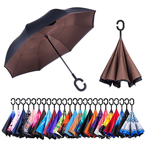 AmaGo Windproof Inverted Umbrella  UV Protection Double Layer Reverse Folding Long Self Standing Umbrella with C-Shape Handle for Car Rain Outdoor Travel(Dark Coffee)