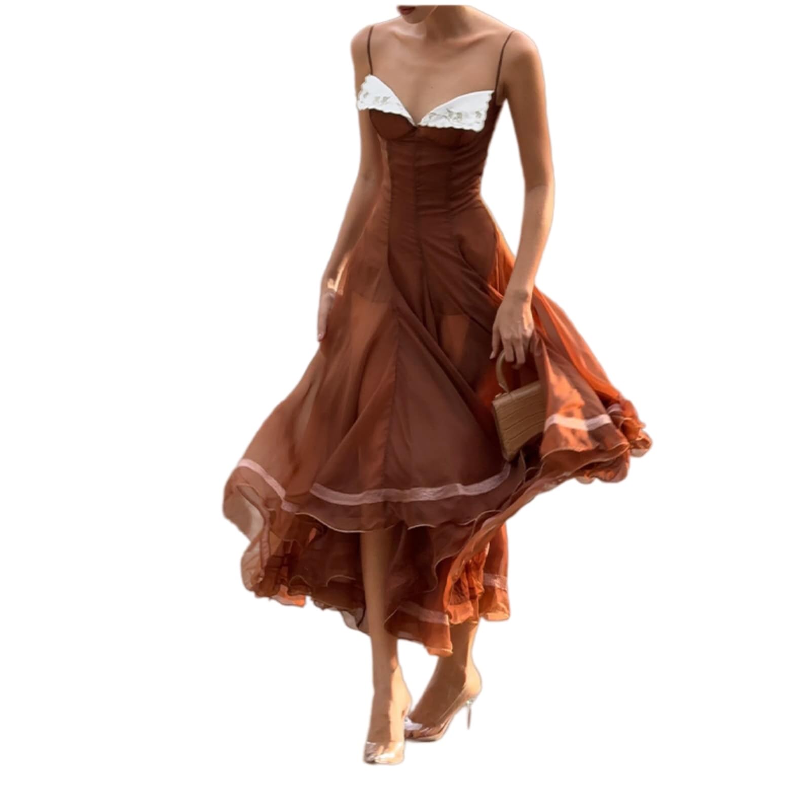 Vestito Elegante Donne Spaghetti Cinturina Pizzo Trim Chiffon Midi Abito Senza Maniche Vita Cinched Flared Estate Formale Chic-Pink-s