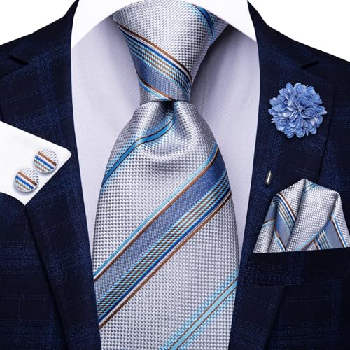 Image of Hi-Tie Men's Tie Lapel Pin Set Pocket Square Cufflinks Formal Woven Silk Tie Sets Wedding Party