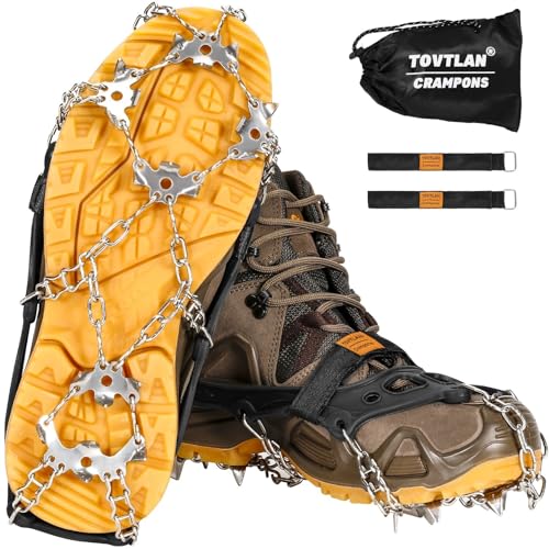 TOVTLAN Crampones para Botas de Senderismo, 19 Dientes Crampones Acero Inoxidable Antideslizante Zapatos, Portátiles Crampones para Caminar, Senderismo, Escalada, Pesca y Montañismo (S)