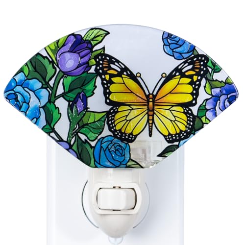 Image of Stained Glass Styled Butterfly Night Light - Yellow Butterfly with Blue Roses Design, Made with Real Glass, Plug-in Decorative Light for Bedroom, Hallway & Home Decor