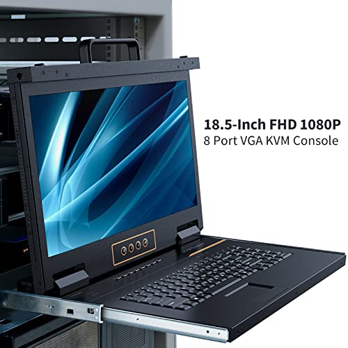Image of 8 Port Rack Mount KVM Console 18.5-Inch Full HD, Standard 1U VGA KVM Switch + Keyboard Touchpad, 16:9 Aspect Ratio 1920 x 1080, OSD /Hotkey /Button Switching,Fits 19 inch Rack, 8 VGA USB KVM Cables Included