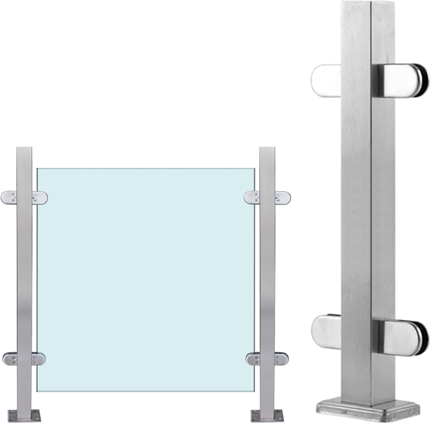 Silver Square Glass Banister Railing Post with Spigots Clamps, Modern Fencing Panel Column for Stairs Platform Garden Patio (Color : Middle Post, Size : 25.6inch/65cm)
