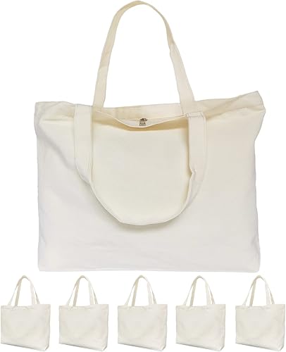 Koolmox Bolsas de lona con cremallera, paquete de 6 bolsas de algodón de 17 x 14 pulgadas con parte inferior plana, bolsas de compras reutilizables