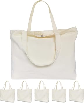 Koolmox Canvas Tote Bags with Zipper, 6-Pack 17x14 Cotton Tote Bag with Flat Bottom, Reusable Washable Grocery Shopping Bags Plain Totes for Women DIY Art Crafts Painting Embroidery Decoration