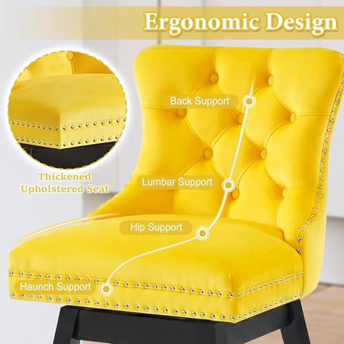 Image of Yellow Swivel Bar Stools, Velvet Counter Height Bar Stool Set of 2 | 360 Swivel Bar Chairs, Solid Wood Legs, Upholstered Kitchen Island Stools, Modern Extra Wide Seat (Yellow, 30 inch H, 2 Pack)