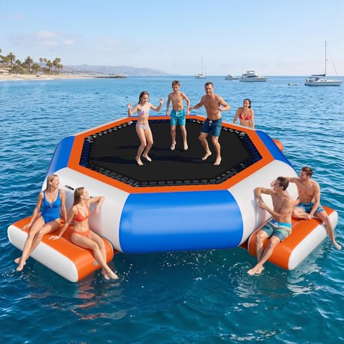 YUMPIE Inflatable Water Trampoline 15FT Floating Water Bouncer with 3 Platforms High Elastic Net Durable PVC Large Jumping Area with Electric Pump Recreational Bounce Platform for Kids & Adults