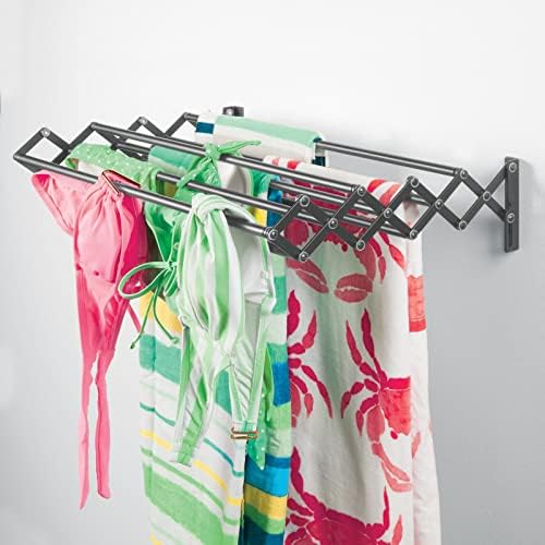 mDesign Clothes Horse  Clothes Drying Rack with 8 Rungs for Hanging Clothes  Wall-Mounted Clotheshorse with Extendable Properties  Graphite Grey