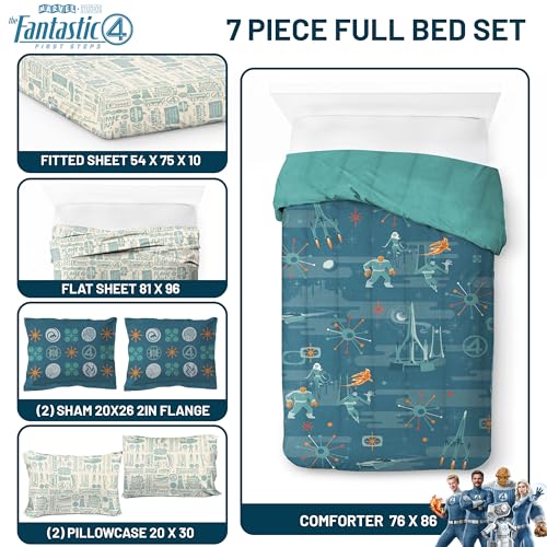 Image of Marvel Fantastic Four Full Size Comforter Set 7 Piece Bedding, Blue | Superhero, Bed in a Bag, Comforter Sheets Shams Pillowcases, Official Product, Soft Microfiber, Machine Washable, Kids Gift