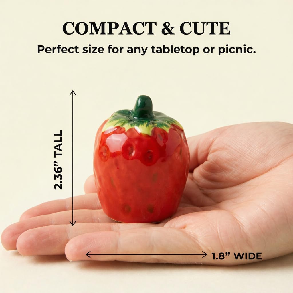 Strawberry Salt and Pepper Shaker Set, Ceramic, Compact 2.36" Tall, with Removable Silicone Stoppers