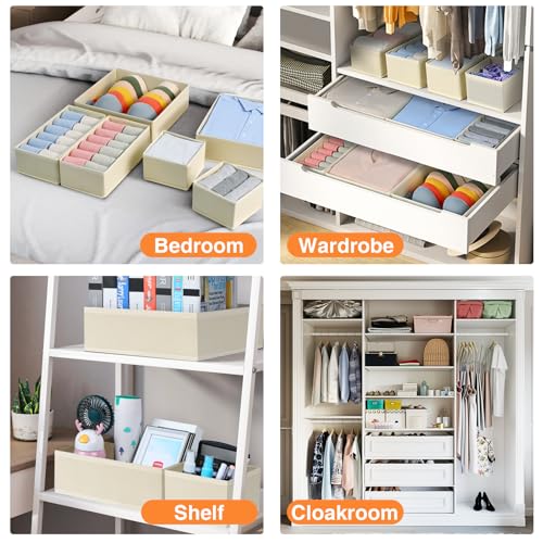 Homsorout 12 Stück Schrank Organizer Schubladen Organizer, Faltbare Aufbewahrungsbox Stoff, Unterwäsche Organizer, Organizer Kleiderschrank für Kleidung, Socken, Beige