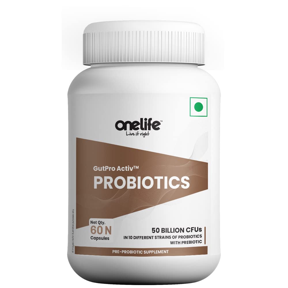 Onelife GutPro Activ™ with 50 Billion CFU in 10 Different Strains of Natural Probiotics with Prebiotic Supports Digestive Health, Gut Health & Immunity -Pack Of 60 Veg Capsules