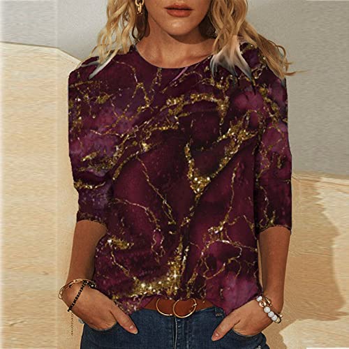 Summer Casual 3/4 Sleeve Shirt For Women Landscape Painting Pattern Top Three Quarter Sleeve Pullover Round Neck Tee Wine #TOP1