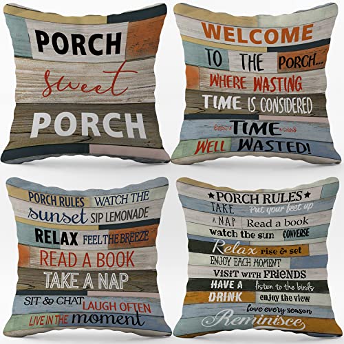 (Rb) Porch Sweet Porch Throw Pillow Case, 18 X 18 Inch Set Of 4, Front Porch Bench Decorations, Housewarming Gift, Porch Decor, Porch Swing Pillow, Porch Rules Pillows Cover For Sofa Couch Bed #TOP23