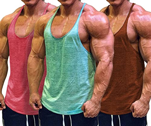 Muscle Cmdr Mens 3 Pack Stringer Tank Tops Bodybuilding Y-Back Gym Fitness Workout Training Running T-Shirts Athletic Quick Dry Top (Pink/Brown/Green/XL)