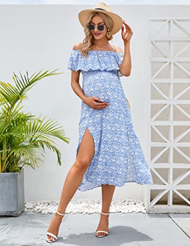 Coolmee Maternity Dress Women's Off Shoulder Split Long A Line Dress Casual Maxi Dress Photography Dress Bluepint L #TOP5