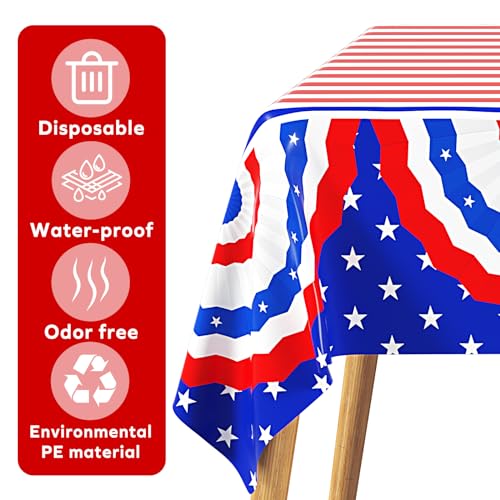 Image of 3 Pack Patriotic Tablecloth, Plastic Disposable 4th of July Tablecloth Independence Day Table Cover Patriotic Themed Party Supplies for Outside, Picnic, Memorial, 108in x 54in