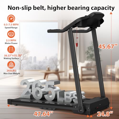 Image of Foldable Treadmill 2.5 HP Electric Folding Running Walking Machine for Home Gym, Compact Portable Small Mini Treadmills for Small Spaces, Max 265 LBS Capacity