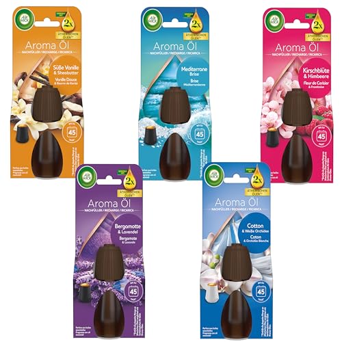 Air Wick Aroma-Öl Flakon - Refill SET 5x20ml - 1x Cotton & Weiße Orchidee 1x Bergamotte & Lavendel 1x Mediterrane Brise 1x Vanille & Sheabutter & 1x Kirschblüte & Himbeere