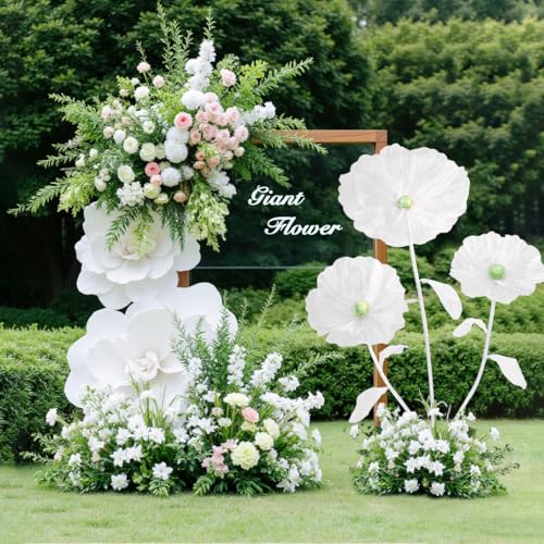 Image of Giant Silk Flowers Spring Decor - 5.58ft Artificial Flowers 3D Large Fake Floral with Stand Base for Wedding Bridal Shower Birthday Party Yard Ceremony Decoration (White)