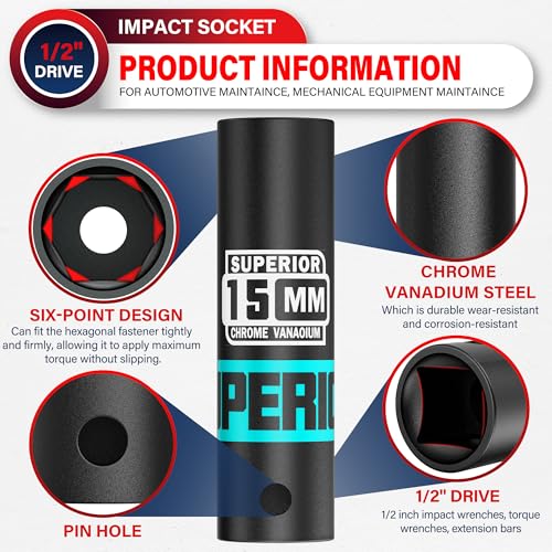 Image of 1 /2 inch Drive Impact Socket, 15 mm Deep Socket, Metric, 6 Point, CR-V, for Automotive Maintaince, Mechanical Equipment Maintaince