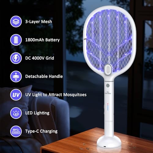 PALONE Elektrische Fliegenklatsche Extra Stark 4000V mit 2 Type-C, 1800mAh Wiederaufladbar Fliegenklatsche Elektrisch, Nacht LED Abnehmbar UV Insektenvernichter Elektro Mückenklatsche
