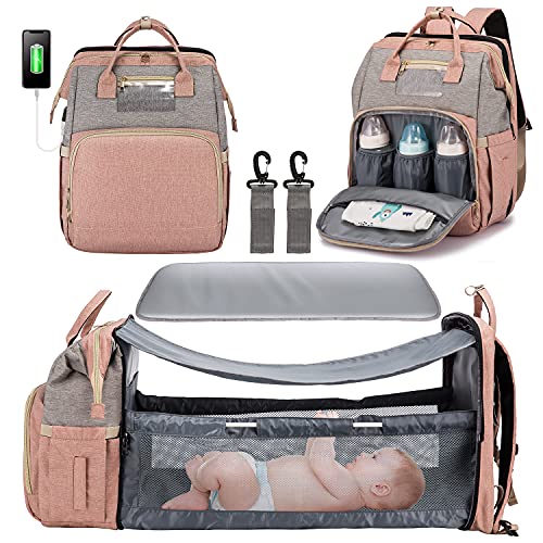 3 in 1 Diaper Bag Backpack with Changing Station, Waterproof Baby Bag with Auto Foldable Crib, Travel Bassinet with USB Charging Port and Shade Cloth (Grey+Pink)
