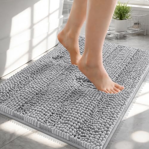 Image of OLANLY Thick Small Bathroom Rugs 24x16, Extra Soft Absorbent Chenille Striped Bath Rugs, Rubber Backing, Machine Wash, Bath Mats for Bathroom Floor, Tub and Shower, Home Decor Accessories, Light Grey