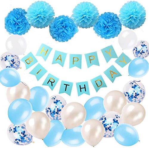 Flow.month Geburtstagsdeko, Geburtstag Dekoration Mädchen Blau Happy Birthday Girlande mit Pompoms und Luftballons Blau Konfetti Luftballons für Geburtstag Partydeko Mädchen und Frauen?Blau?