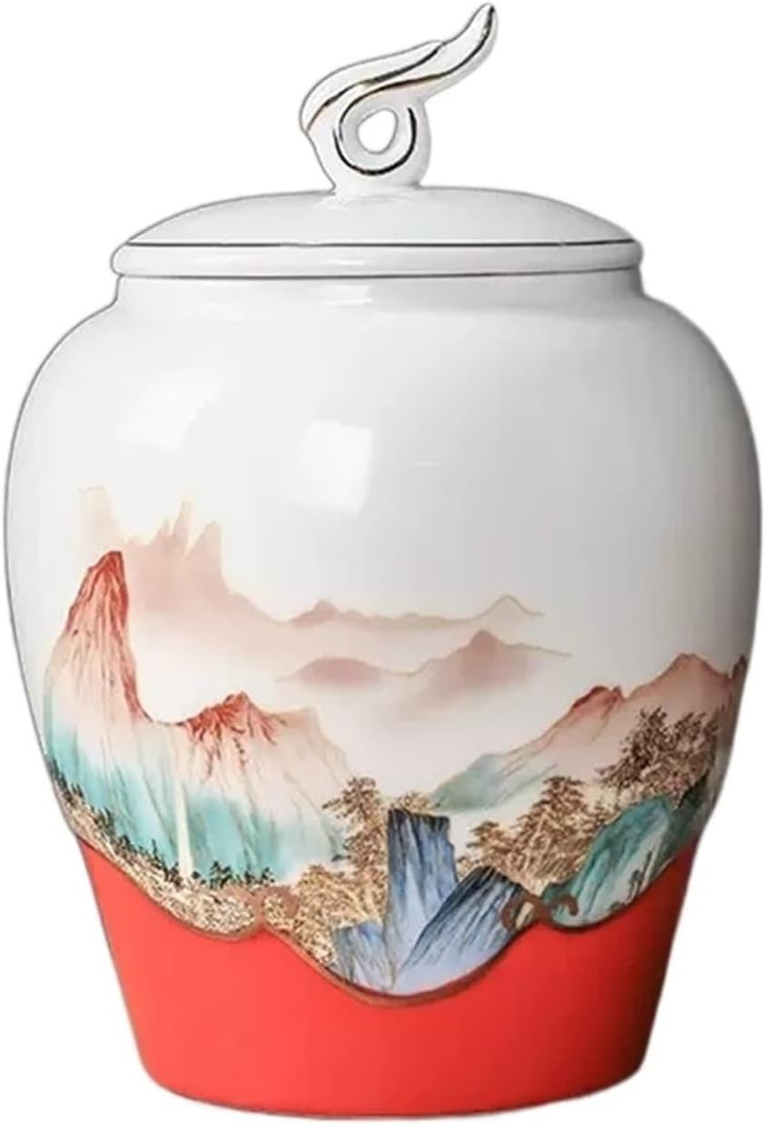 Tea Tin Chinese Ceramic Ornaments Tea Canister Vintage Style Loose Container with Auspicious Clouds Lid and Hand Drawn Landscape Paintings Container(Red,Small)
